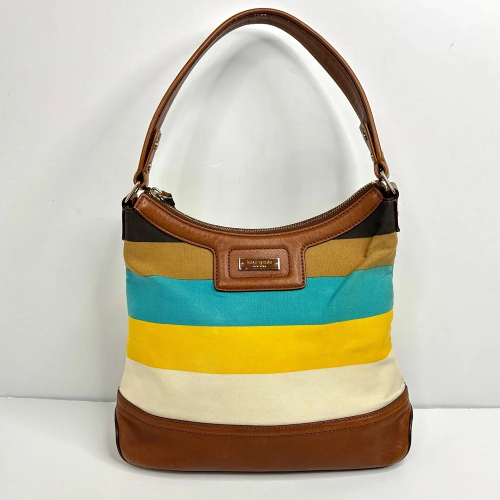 Kate Spade Retro Stripe Yellow Teal Spring‎ Nautical Coastal Beach Hobo Handbag